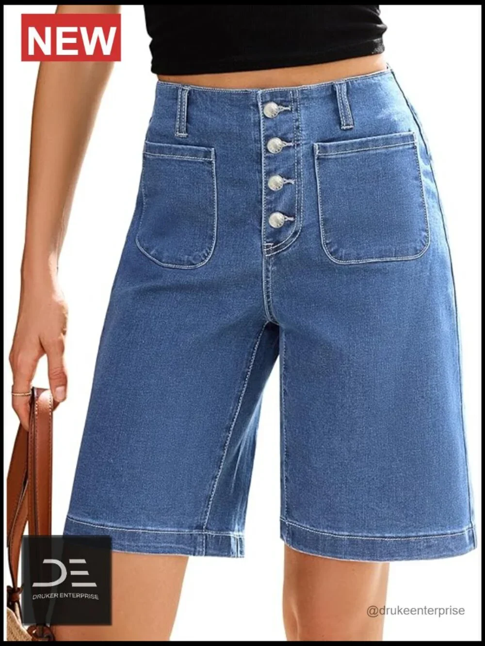 High Waisted Button Fly Bermuda Shorts with Pockets - Women's Stretch Denim